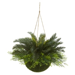 Nearly Natural Cycas 13"H Artificial Indoor/Outdoor Plant With Mossy Hanging Basket, 13"H x 17"W x 17"D, Green
