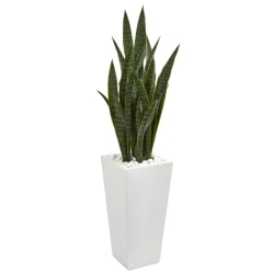 Nearly Natural Sansevieria 48"H Artificial Plant With Tower Planter, 48"H x 10"W x 10"D, Green/White