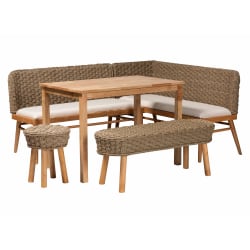bali & pari Denver Natural Seagrass And Acacia Wood 5-Piece Dining Nook Set, 32-3/4"H x 73-1/4"W x 57-15/16"D, Brown/White/Natural