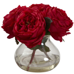 Nearly Natural Fancy Rose 8"H Artificial Floral Arrangement With Vase, 8"H x 8-1/2"W x 8-1/2"D, Red