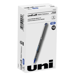 uni-ball® Vision™ Needle Liquid Ink Rollerball Pens, Fine Point, 0.7 mm, Gray Barrel, Blue Ink, Pack Of 12