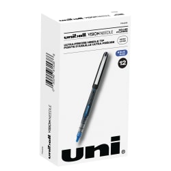 uni-ball® Vision™ Needle Liquid Ink Rollerball Pens, Micro Point, 0.5 mm, Black Barrel, Blue Ink, Pack Of 12