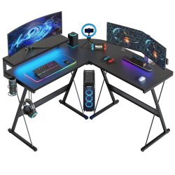 Bestier L-Shaped RGB Gaming Desk With Monitor Stand & Multi-Function Hooks, 52"W, Black Carbon Fiber