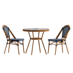 Flash Furniture Bordeaux Indoor/Outdoor Commercial Bistro 31.5" Table, PE Rattan, Glass Top with 2 Stack Chairs, Navy & White Rattan/Natural Frame