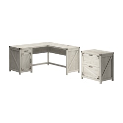 Bush Furniture Knoxville 60"W L-Shaped Corner Desk With 2 Drawer Lateral File Cabinet, Cottage White, Standard Delivery