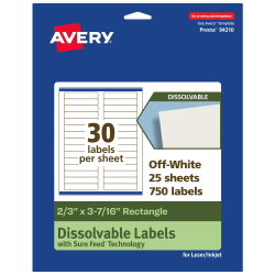 Avery® Dissolvable Labels With Sure Feed® Technology, 94210-DWMP25, Rectangle, 2/3"x3-7/16", Matte Off-White, Pack Of 750