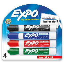 EXPO® Low-Odor Dry-Erase Markers, Bullet Tip, Assorted Ink Colors, Pack Of 4 Markers