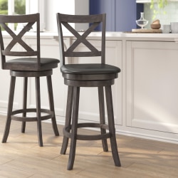 Flash Furniture Felicity Commercial Grade Wood Classic Crossback Swivel Bar Barstool with Padded, Upholstered Seat, Black Vinyl/Gray Wash Walnut Frame