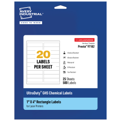 Avery® Ultra Duty® Permanent GHS Chemical Labels, 97182-WMU25, Rectangle, 1" x 4", White, Pack Of 500