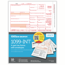 Office Depot® Brand 1099-INT Laser Tax Forms And Envelopes, 4-Part, 2-Up, 8-1/2" x 11", Pack Of 10 Form Sets