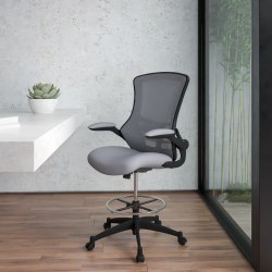 Flash Furniture Mid-Back Mesh Ergonomic Drafting Chair with Adjustable Foot Ring and Flip-Up Arms, Dark Gray