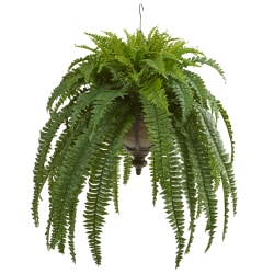Nearly Natural Boston Fern 39"H Artificial Plant With Metal Hanging Bowl, 39"H x 33"W x 33"D, Green/Black