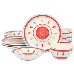 Gibson Home Heidy 12-Piece Hand-Painted Durastone Dinnerware Set, Red