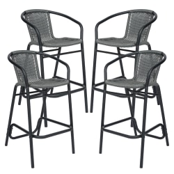 Flash Furniture Lila Set of 4 Commercial Grade Indoor-Outdoor PE Rattan Restaurant Barstools with Aluminum Frames and Footrests, Gray