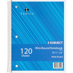 Sparco Quality Wire-Bound Wide Ruled Notebook, 8" x 10 1/2", 120 Sheets, Bright White/Cover Assorted Colors