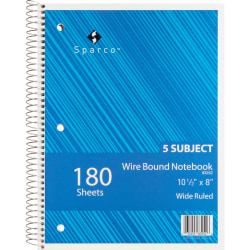 Sparco Quality Wire-Bound Wide Ruled Notebook, 8" x 10 1/2", 180 Sheets, Bright White/Cover Assorted Colors