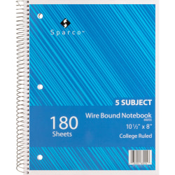 Sparco® Wirebound Notebook, 8" x 10 1/2", College Ruled, 180 Sheets, Assorted Colors