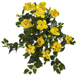 Nearly Natural Hibiscus 24" Artificial Hanging Plants, Yellow, Set Of 2 Plants