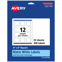Avery® Permanent Labels With Sure Feed®, 94107-WMP25, Square, 2" x 2", White, Pack Of 300