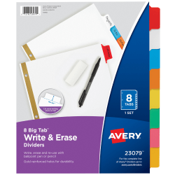 Avery® Big Tab™ Write-On Tab Dividers With Erasable Laminated Tabs, 8-Tab, Multicolor