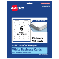 Avery® Print-To-The-Edge Business Cards With Sure Feed® Technology, 2-1/2"x2-9/10" Hexagon, Matte White, Pack Of 150