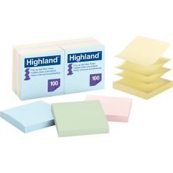 Highland Self-Sticking Pop-up Notes, 3" x 3", Assorted, Pack of 12 Pads