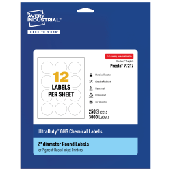 Avery® Ultra Duty® Permanent GHS Chemical Labels, 97217-WMUI250, Round, 2" Diameter, White, Pack Of 3,000