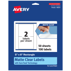Avery® Permanent Labels With Sure Feed®, 94257-CMF50, Rectangle, 5" x 6", Matte Clear, Pack Of 100