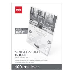 Office Depot® Brand Single-Sided Self-Sealing Laminating Sheets, 9" x 12", 3 Mil, Clear, Pack Of 100 Sheets