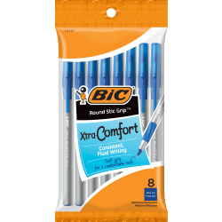 BIC Round Grip Stick, Pack Of 8, Medium Point, Blue