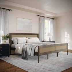 Flash Furniture Martha Stewart Jax Solid Wood Platform Bed with Rattan Headboard and Footboard, No Box Spring Required, Brown Gray, King