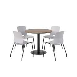 KFI Studios Midtown Pedestal Round Standard Height Table Set With Imme Armless Chairs, 31-3/4"H x 22"W x 19-3/4"D, Studio Teak Top/Black Base/Light Gray Chairs