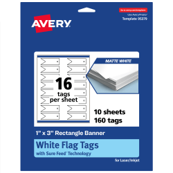 Avery® Print-To-The-Edge Flag Tags With Sure Feed® Technology, 1"x3" Rectangle Banner, Matte White, Pack Of 160