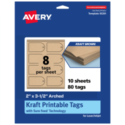 Avery® Print-To-The-Edge Tags With Sure Feed® Technology, 2"x3-1/2" Arched, Kraft Brown, Pack Of 80