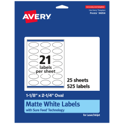 Avery® Permanent Labels With Sure Feed®, 94054-WMP25, Oval, 1-1/8" x 2-1/4", White, Pack Of 525