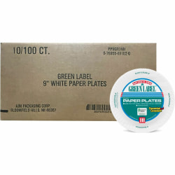 AJM Packaging Green Label Paper Plates, 9", White, 100 Plates Per Pack, Case Of 10 Packs