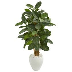 Nearly Natural 53" Artificial Rubber Tree With Planter, Green/White