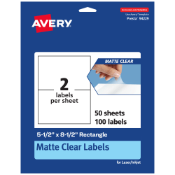 Avery® Permanent Labels, 94229-CMF50, Rectangle, 5-1/2" x 8-1/2", Matte Clear, Pack Of 100