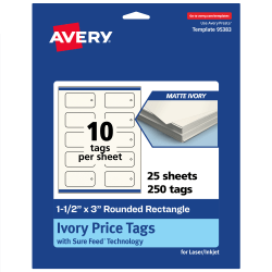 Avery® Print-To-The-Edge Price Tags With Sure Feed® Technology, 1-1/2"x3" Rectangle Rounded, Matte Ivory, Pack Of 250, 95383MIT25