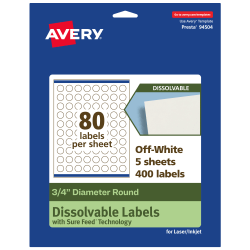 Avery® Print-to-the-Edge Dissolvable Labels With Sure Feed® Technology, 94504-DWMP5, Round, 3/4", Matte Off-White, Pack Of 400