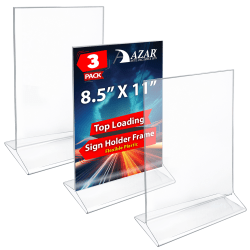 Azar Displays Top Load Flexible Plastic Vertical Sign Holders, 8-1/2" x 11", Clear, Pack Of 3 Holders
