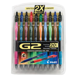 Pilot G2 Retractable Gel Pens, Fine Point, 0.7 mm, Clear Barrel, Assorted Ink Colors, Pack Of 20