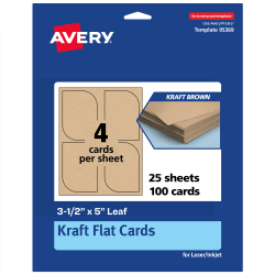 Avery® Print-To-The-Edge Flat Cards, 3-1/2"x5" Leaf, Kraft Brown, Pack Of 100