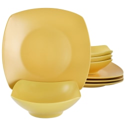 Gibson Home 8-Piece Square Stoneware Dinnerware Set, Matte Yellow Freesia