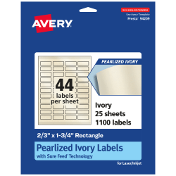 Avery® Pearlized Permanent Labels With Sure Feed®, 94209-PIP25, Rectangle, 2/3" x 1-3/4", Ivory, Pack Of 1,100 Labels
