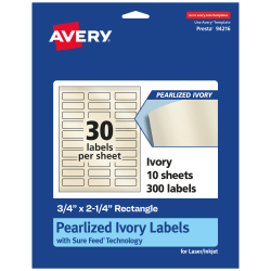 Avery® Pearlized Permanent Labels With Sure Feed®, 94216-PIP10, Rectangle, 3/4" x 2-1/4", Ivory, Pack Of 300 Labels