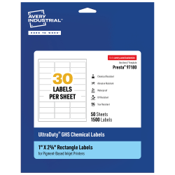 Avery® Ultra Duty® Permanent GHS Chemical Labels, 97180-WMUI50, Rectangle, 1" x 2-5/8", White, Pack Of 1,500