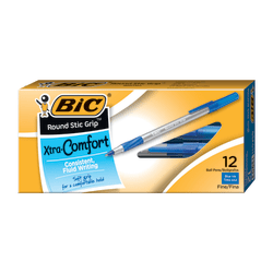 BIC® Round Stic Grip™ Xtra-Comfort Ballpoint Pens, Fine Point, 0.8 mm, Gray Barrel, Blue Ink, Pack Of 12