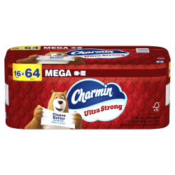 Charmin Ultra Strong Toilet Paper Mega Rolls, 4" x 3-15/16", White, 220 Sheets Per Roll, Pack Of 16 Mega Rolls