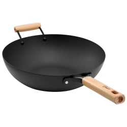 Oster Northcliffe Carbon Steel Round Flat Base Wok With Wooden Handles, 13-1/2", Black/Brown